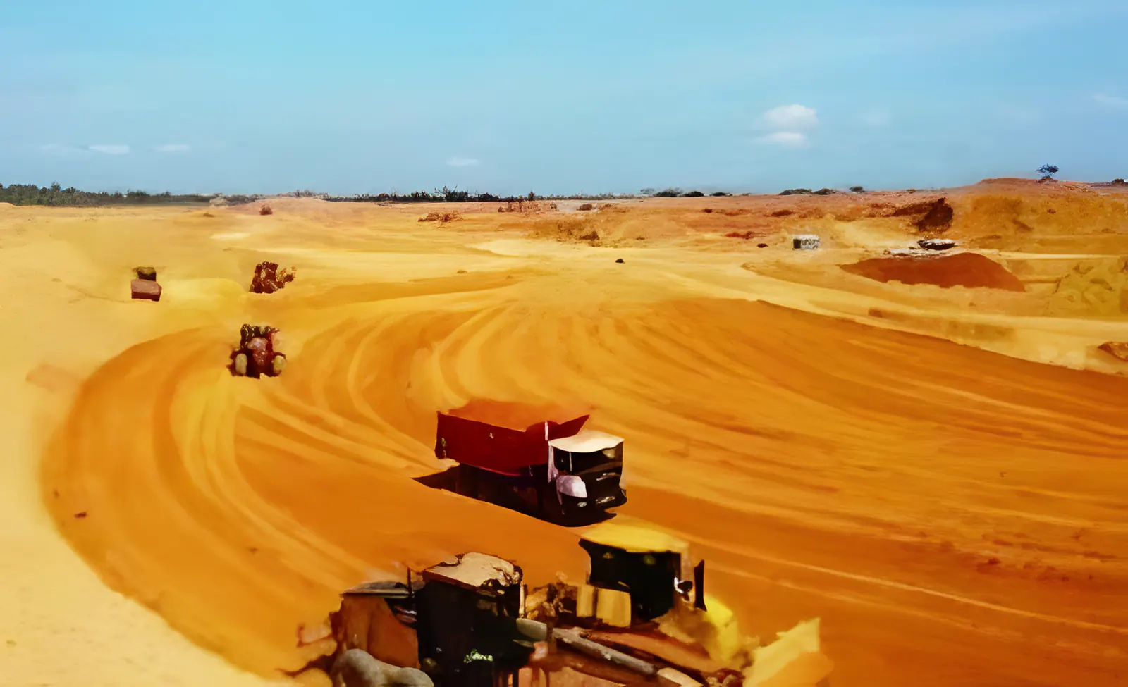 Caminhão basculante e tratores de esteira em grande plataforma de terraplenagem